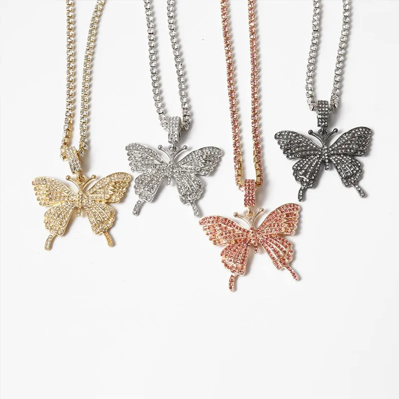 Statement Butterfly Tennis Chain Necklace Choker for Women Crystal Rhinestone Pendant Necklace Chain Jewelry
