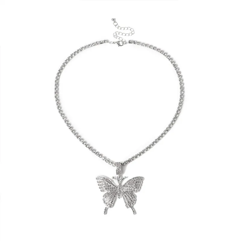 Statement Butterfly Tennis Chain Necklace Choker for Women Crystal Rhinestone Pendant Necklace Chain Jewelry