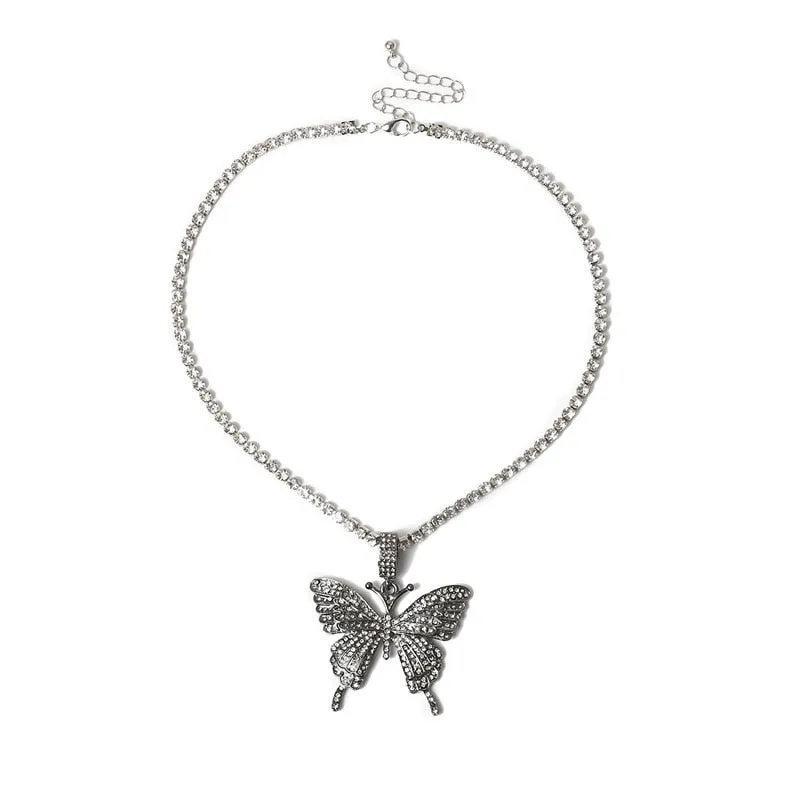 Statement Butterfly Tennis Chain Necklace Choker for Women Crystal Rhinestone Pendant Necklace Chain Jewelry