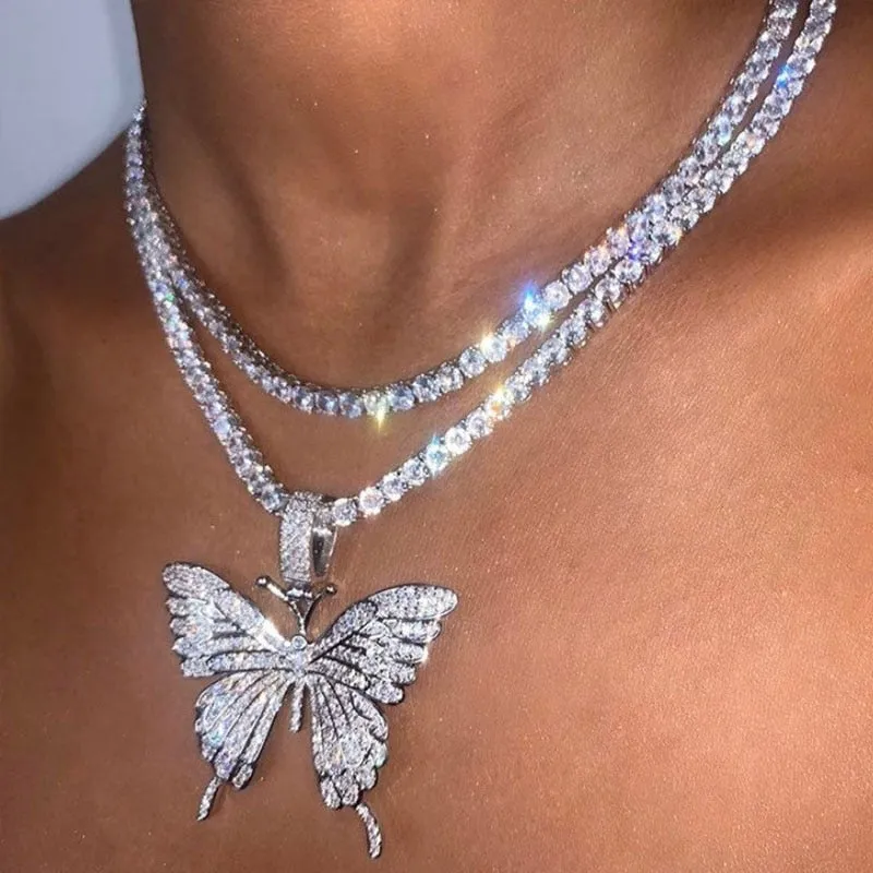 Statement Butterfly Tennis Chain Necklace Choker for Women Crystal Rhinestone Pendant Necklace Chain Jewelry