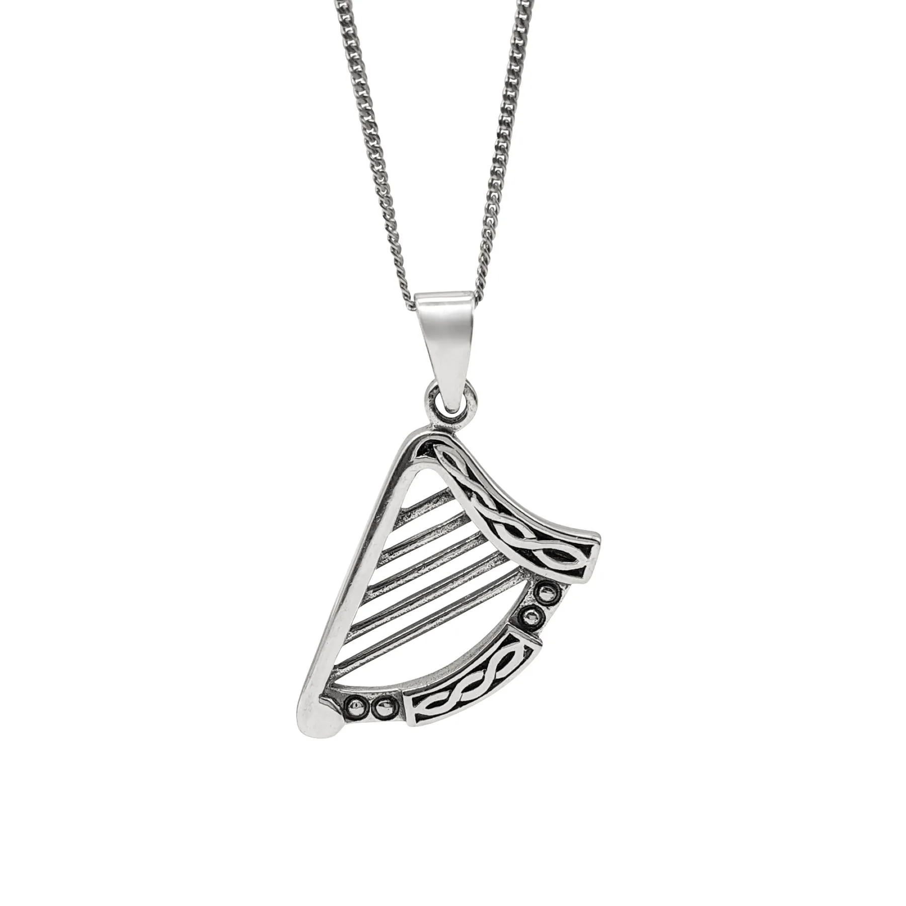 Sterling Silver Irish Harp Pendant - Celtic Knot Necklace