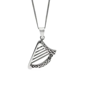 Sterling Silver Irish Harp Pendant - Celtic Knot Necklace