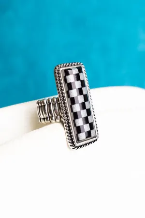 TIPI White and Black Glitter Checkerboard Stretch Silvertone Ring