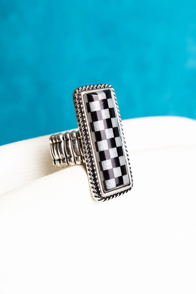 TIPI White and Black Glitter Checkerboard Stretch Silvertone Ring