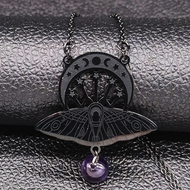 Triple Moon Moth Amethyst Necklaces