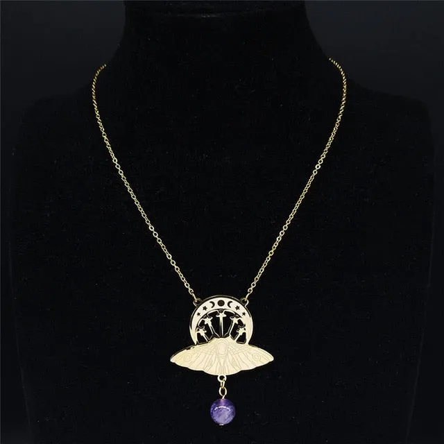 Triple Moon Moth Amethyst Necklaces
