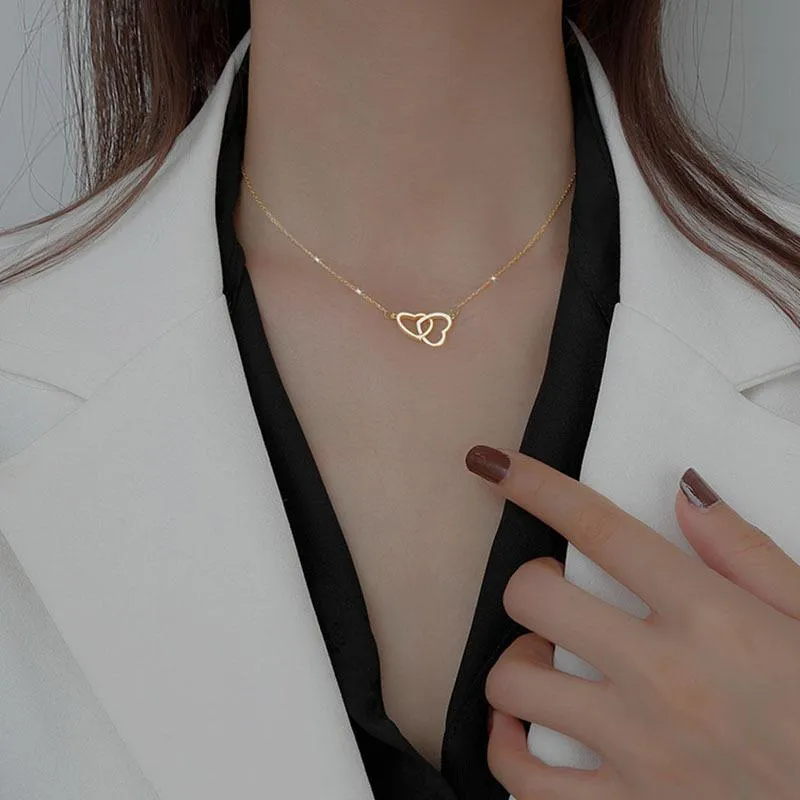 Two Heart Shaped Necklaces Female Exquisite Geometric Shape Choker Birthday Gift for Ladies