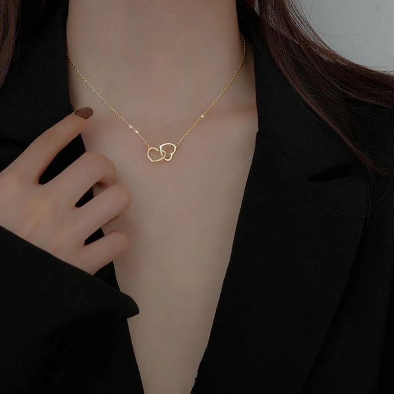 Two Heart Shaped Necklaces Female Exquisite Geometric Shape Choker Birthday Gift for Ladies