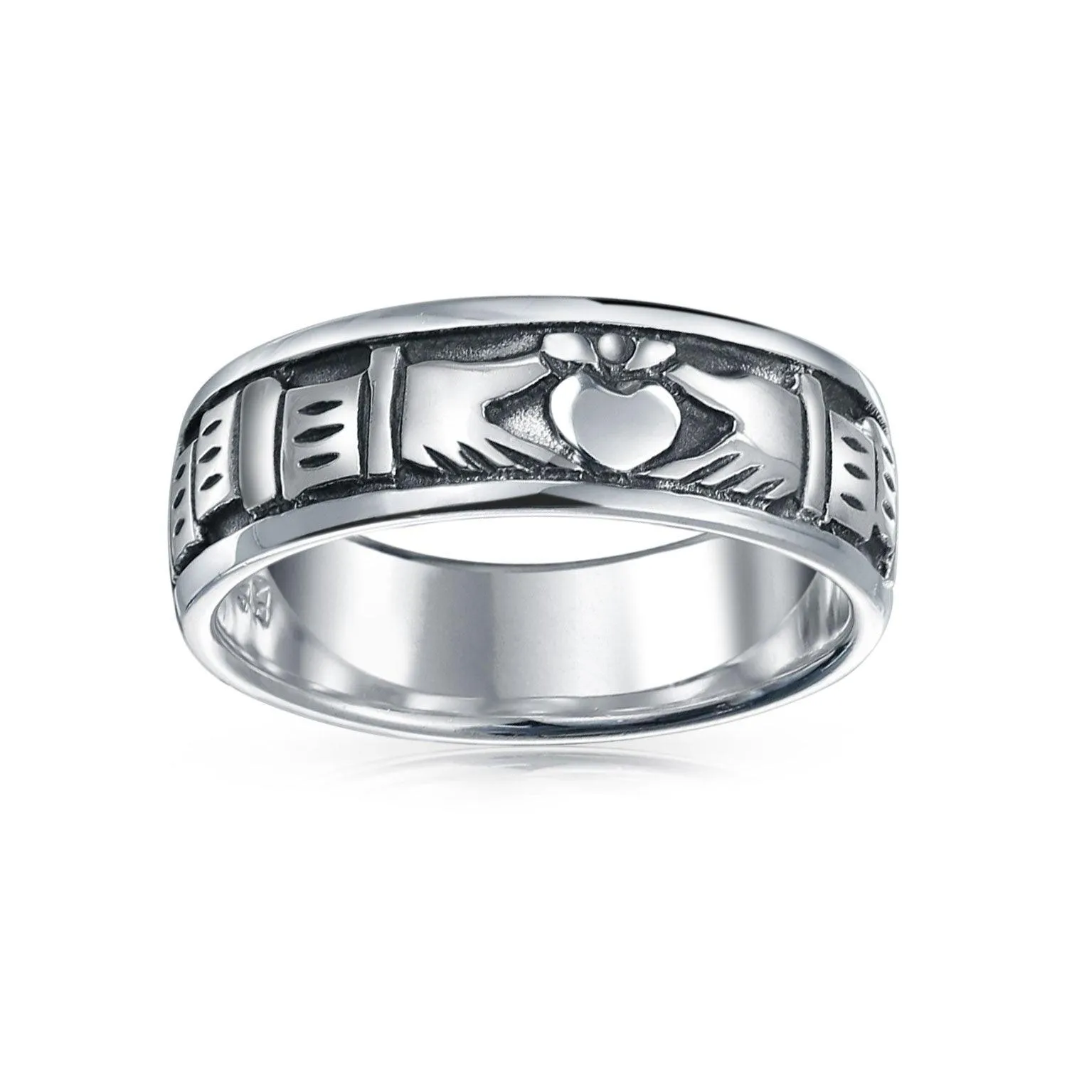 Unisex Celtic Claddagh Wedding Band Silver Ring for Couples Oxidized Sterling