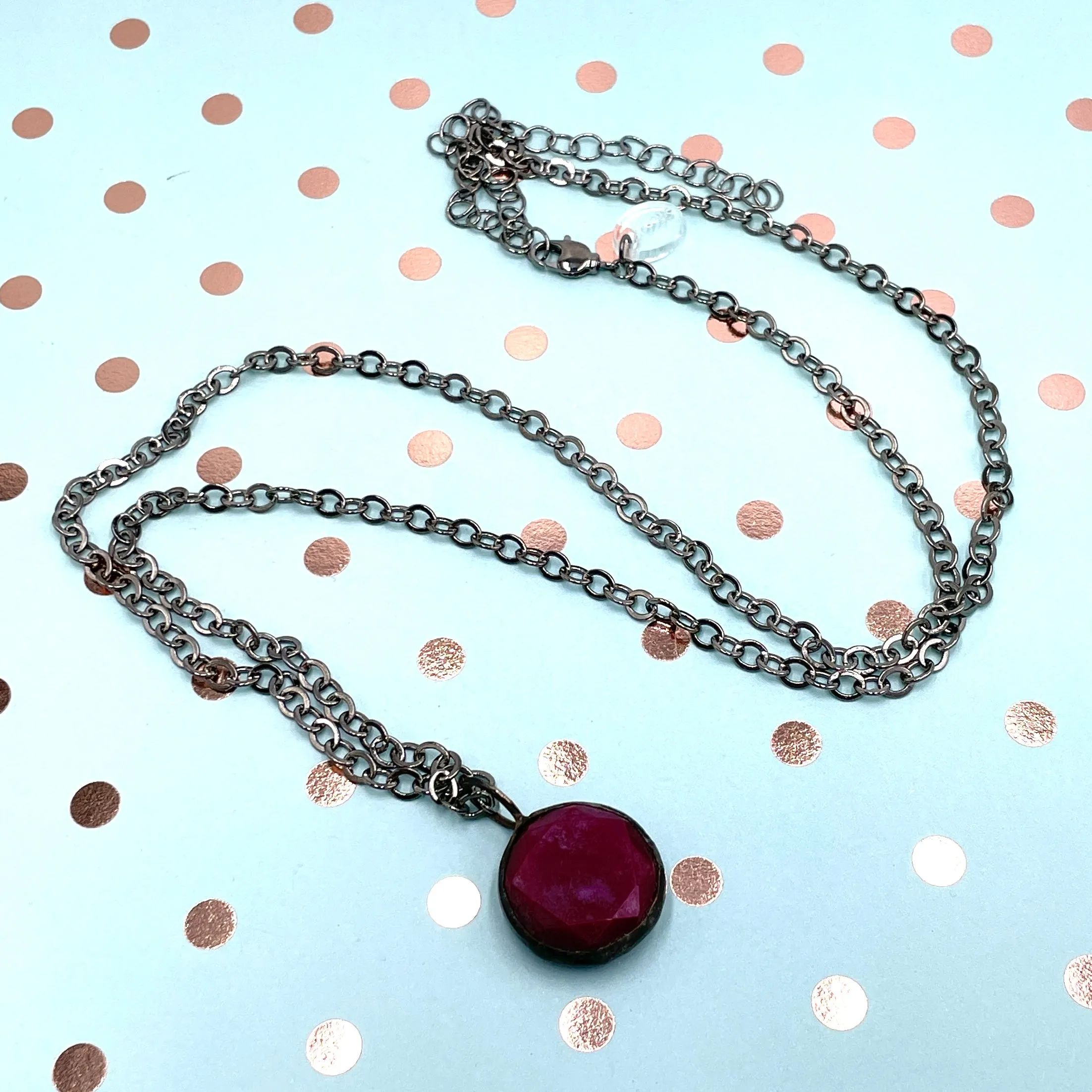 Violet Luster Facet & Gun Metal Layering Necklace - 22mm pendant *
