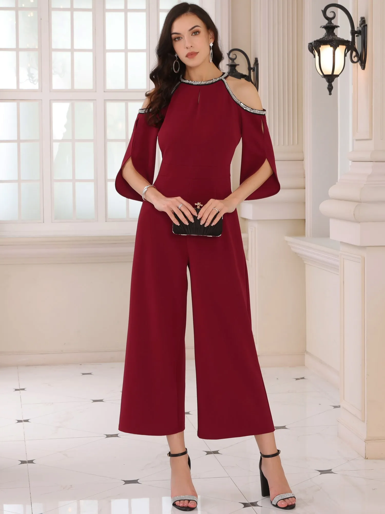 Women's Halter Sequin Cold Shoulder Split Sleeve Party Cocktail Wide Leg Jumpsuits