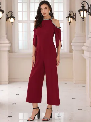 Women's Halter Sequin Cold Shoulder Split Sleeve Party Cocktail Wide Leg Jumpsuits