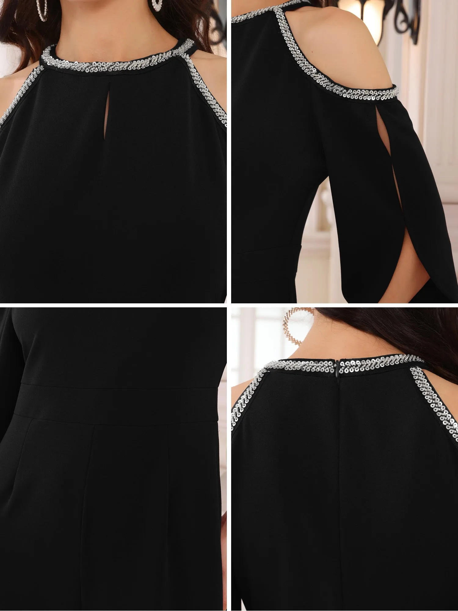 Women's Halter Sequin Cold Shoulder Split Sleeve Party Cocktail Wide Leg Jumpsuits