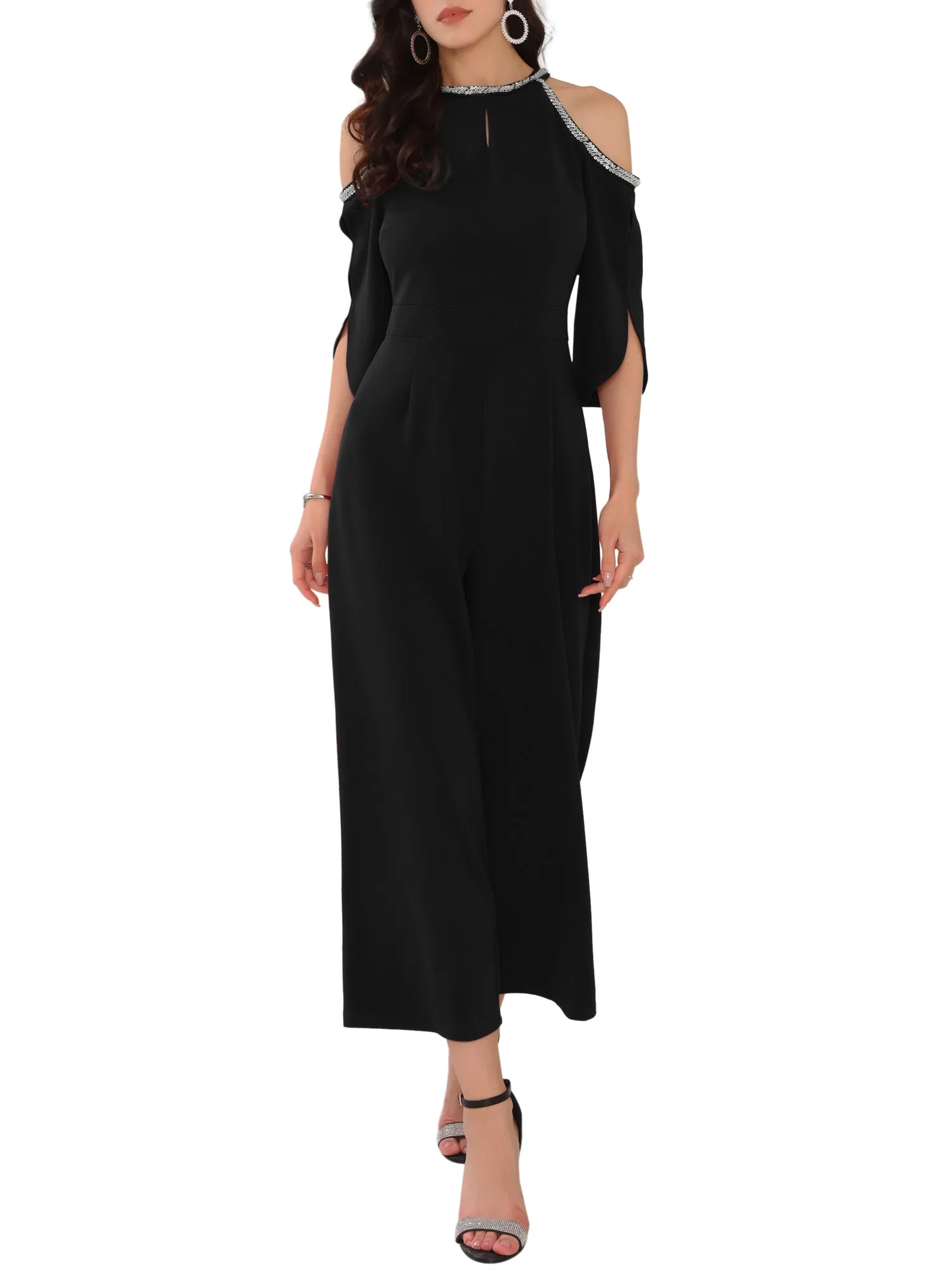 Women's Halter Sequin Cold Shoulder Split Sleeve Party Cocktail Wide Leg Jumpsuits