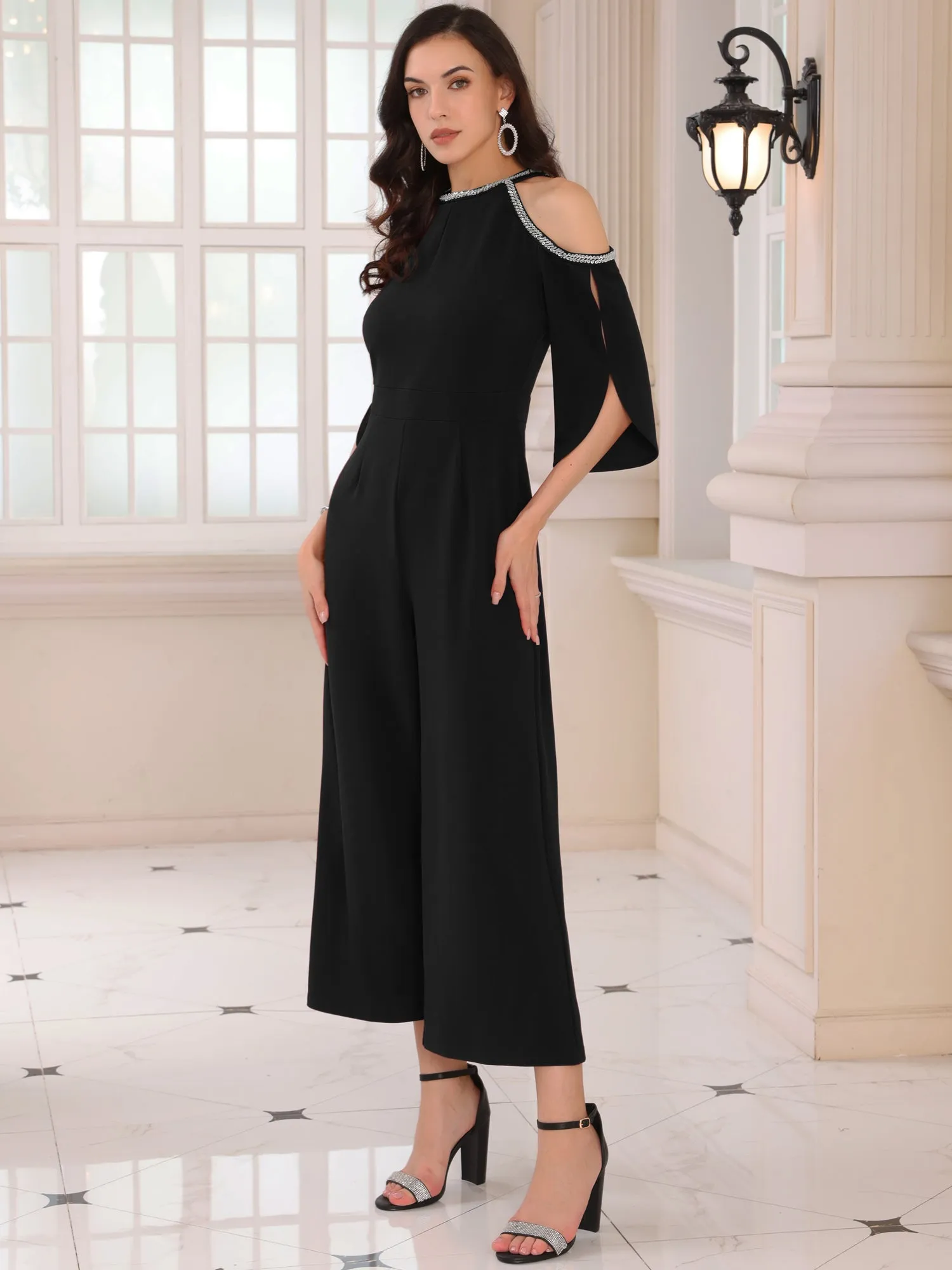 Women's Halter Sequin Cold Shoulder Split Sleeve Party Cocktail Wide Leg Jumpsuits