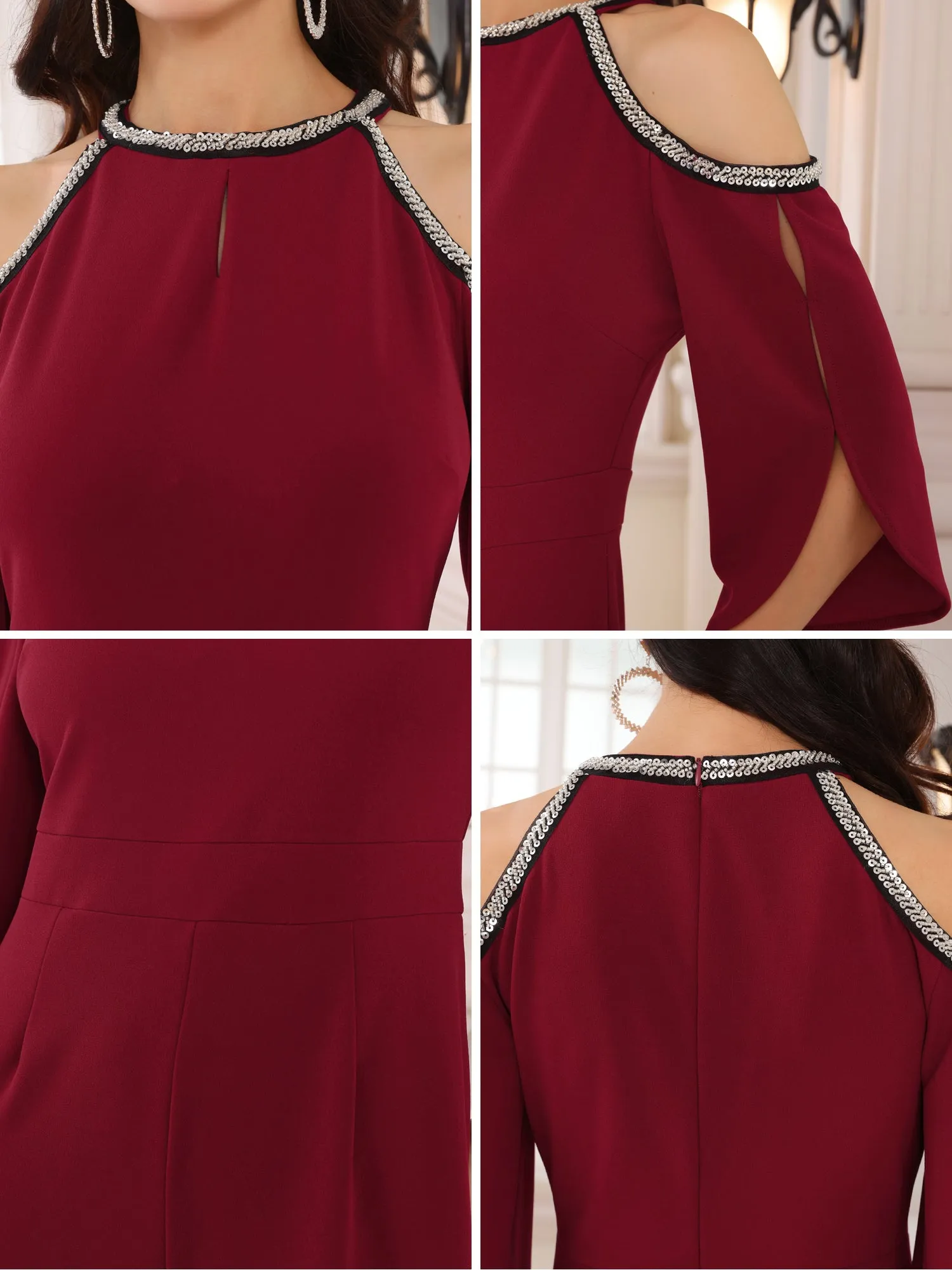Women's Halter Sequin Cold Shoulder Split Sleeve Party Cocktail Wide Leg Jumpsuits