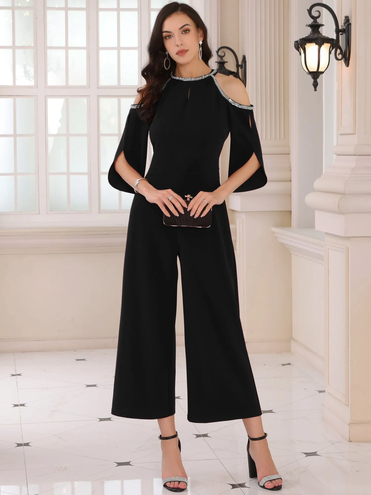 Women's Halter Sequin Cold Shoulder Split Sleeve Party Cocktail Wide Leg Jumpsuits