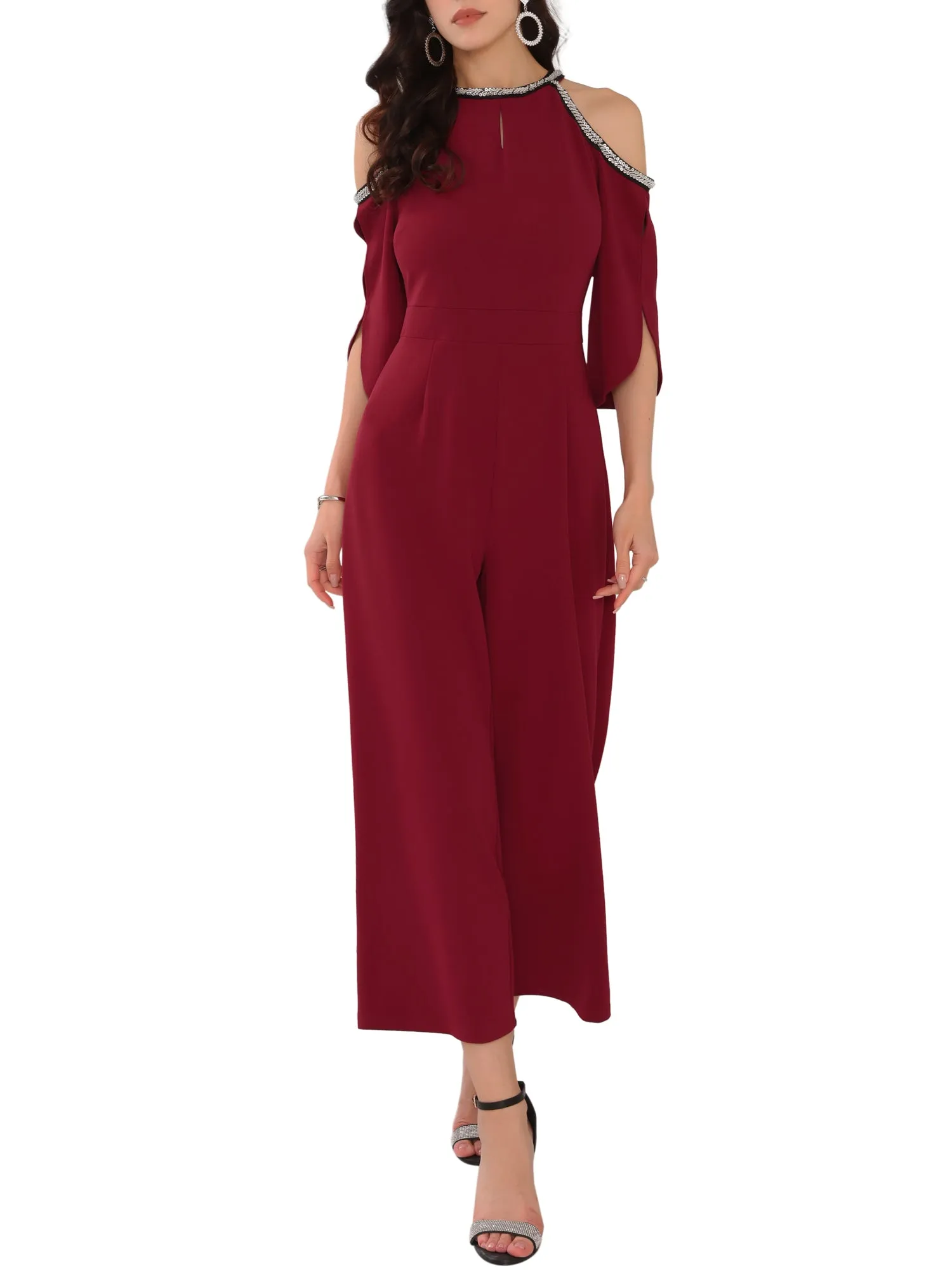 Women's Halter Sequin Cold Shoulder Split Sleeve Party Cocktail Wide Leg Jumpsuits