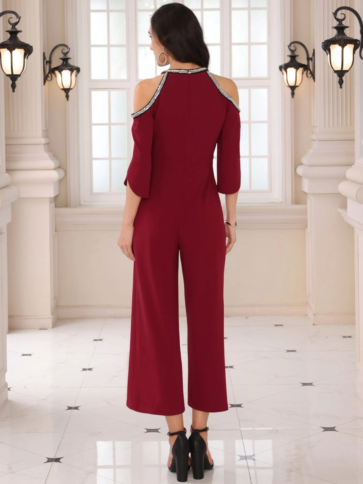 Women's Halter Sequin Cold Shoulder Split Sleeve Party Cocktail Wide Leg Jumpsuits