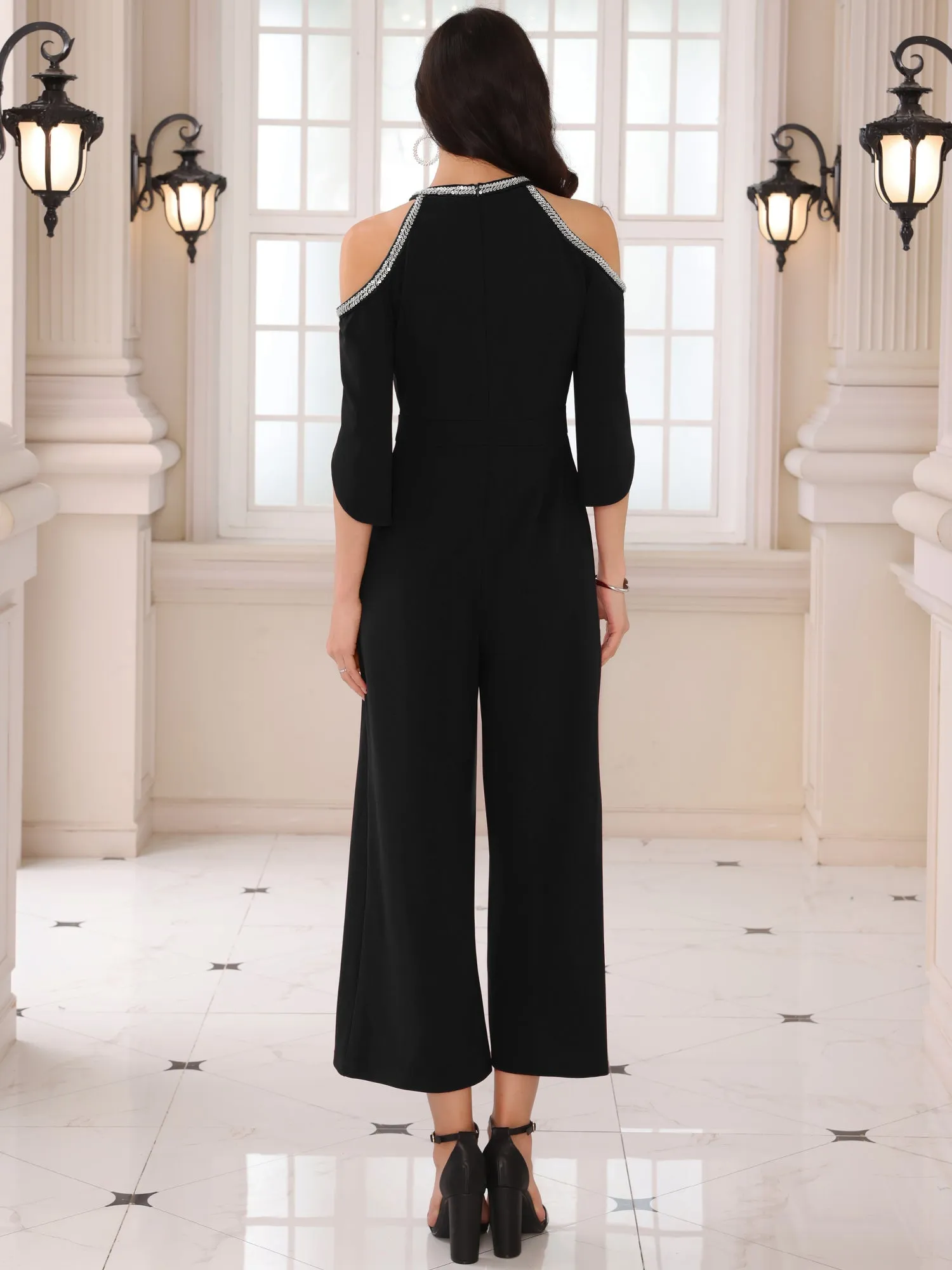 Women's Halter Sequin Cold Shoulder Split Sleeve Party Cocktail Wide Leg Jumpsuits