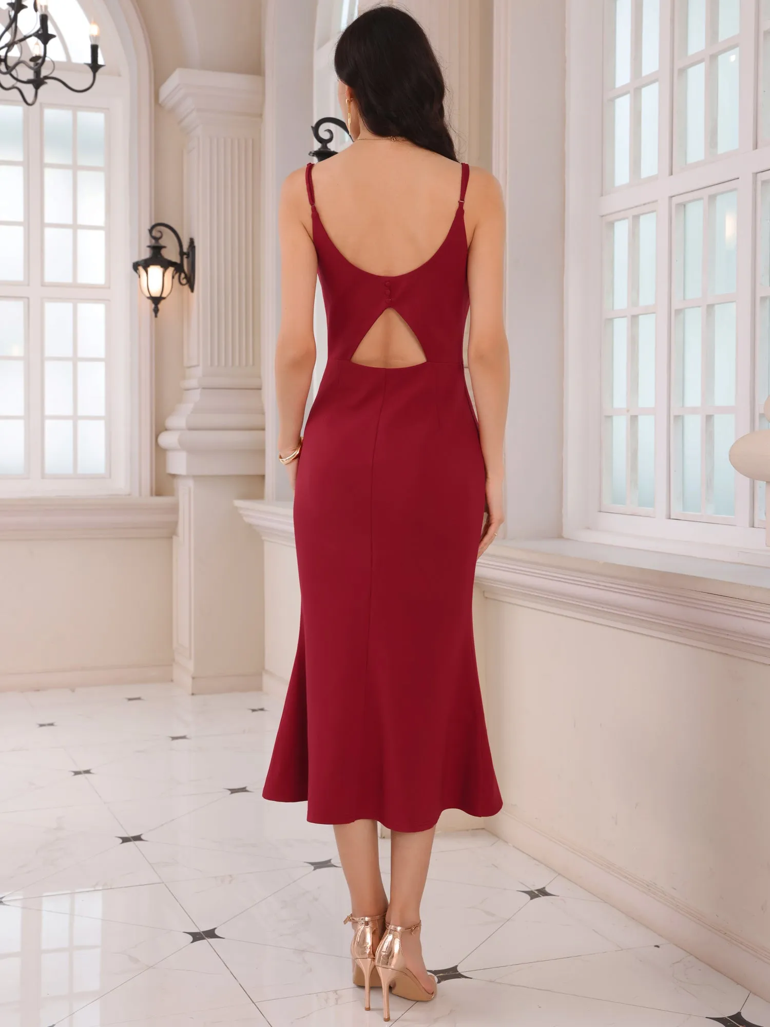 Women's Sleeveless Bodycon Dresses Spaghetti Strap Ruffled Cocktail Party Midi Dress