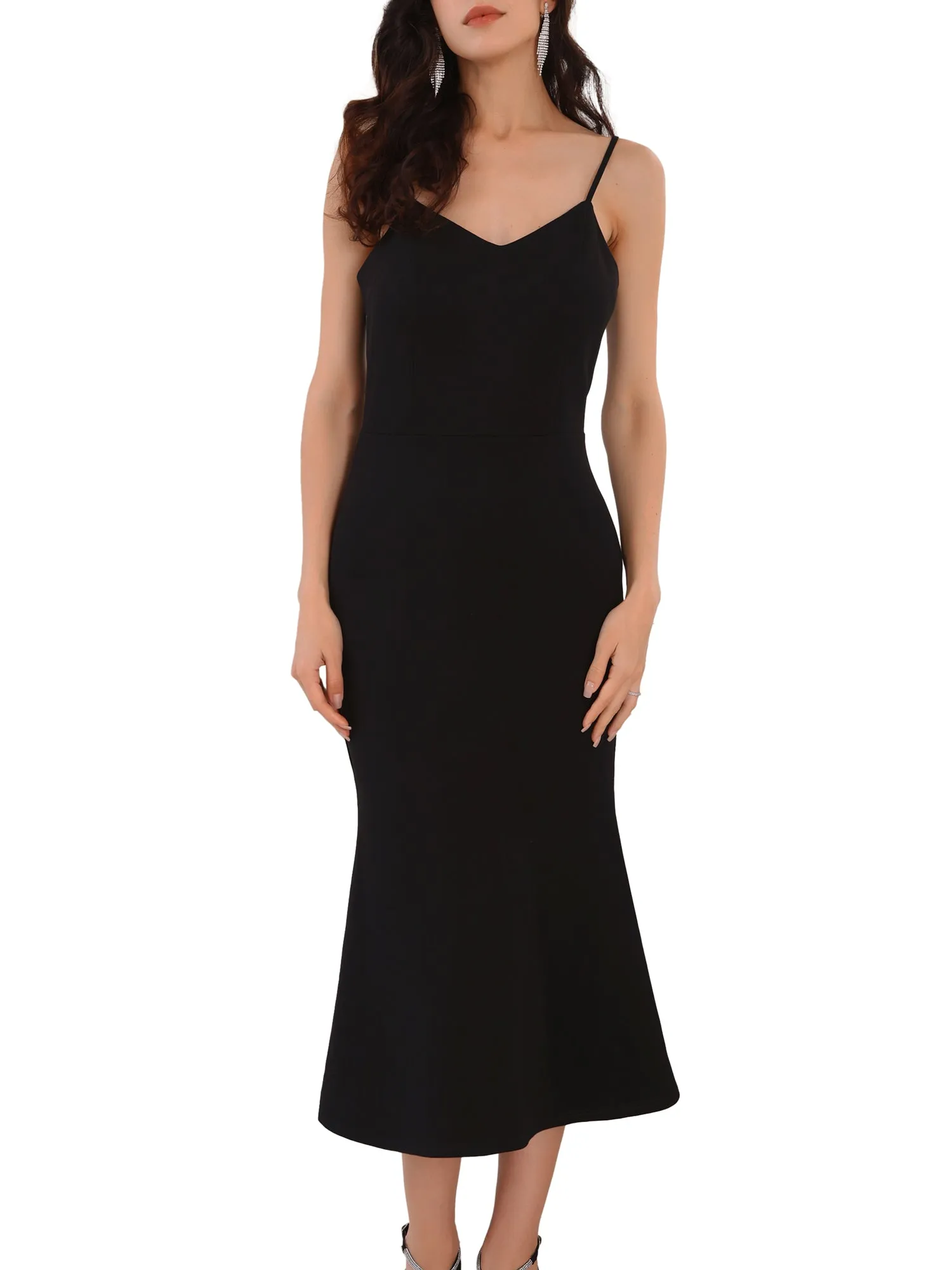 Women's Sleeveless Bodycon Dresses Spaghetti Strap Ruffled Cocktail Party Midi Dress