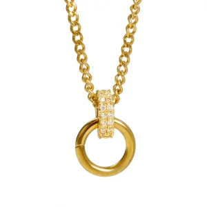 Zirconia Inlaid Luxury Double Round Pendant Stainless Steel Necklace Retro Jewelry