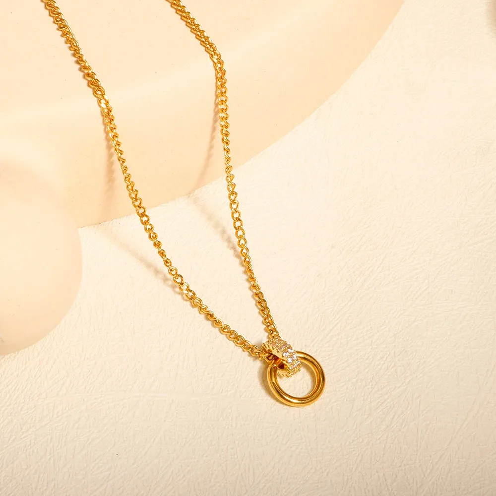 Zirconia Inlaid Luxury Double Round Pendant Stainless Steel Necklace Retro Jewelry